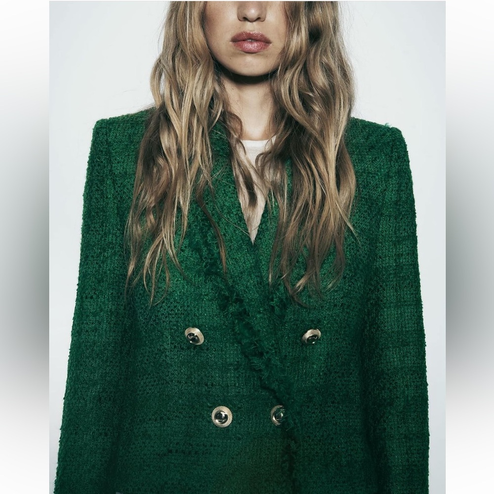 ๐(NWT) ZARA Bloggers Fav Green Tweed Double Breasted Cropped Blazer. Size XS - Picture 7 of 16